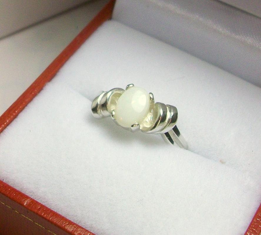 Genuine White Opal 14K White Gold Ring Art Deco Engagement Birthstone