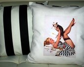 Free US shipping Unique Vintage Designer White Linen 18x18 Pillow Cover Handprinted Art Reproduction Applique Pin-up Girl of Gil Elvgren