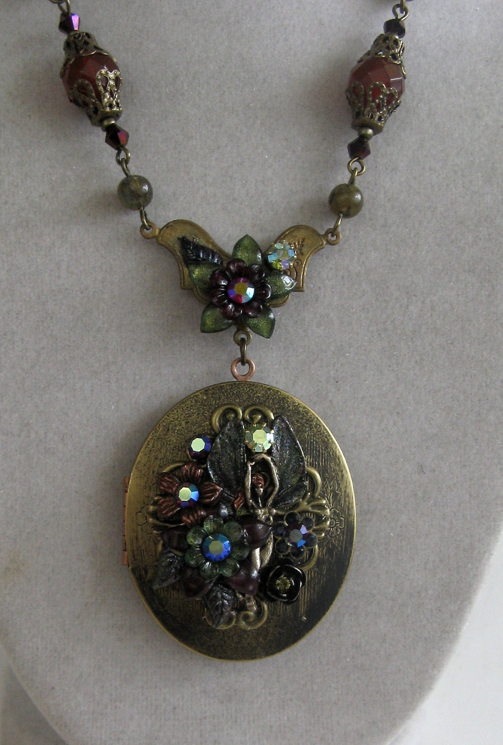 Woodland FAERIE pre-Raphaelite Art Nouveau style handpainted Signed vintage brass locket set Carnelian and Labradorite gemstone OOAK