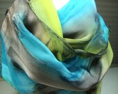 Chocolate Chartreuse Imperial Blue Handpainted Silk Scarf