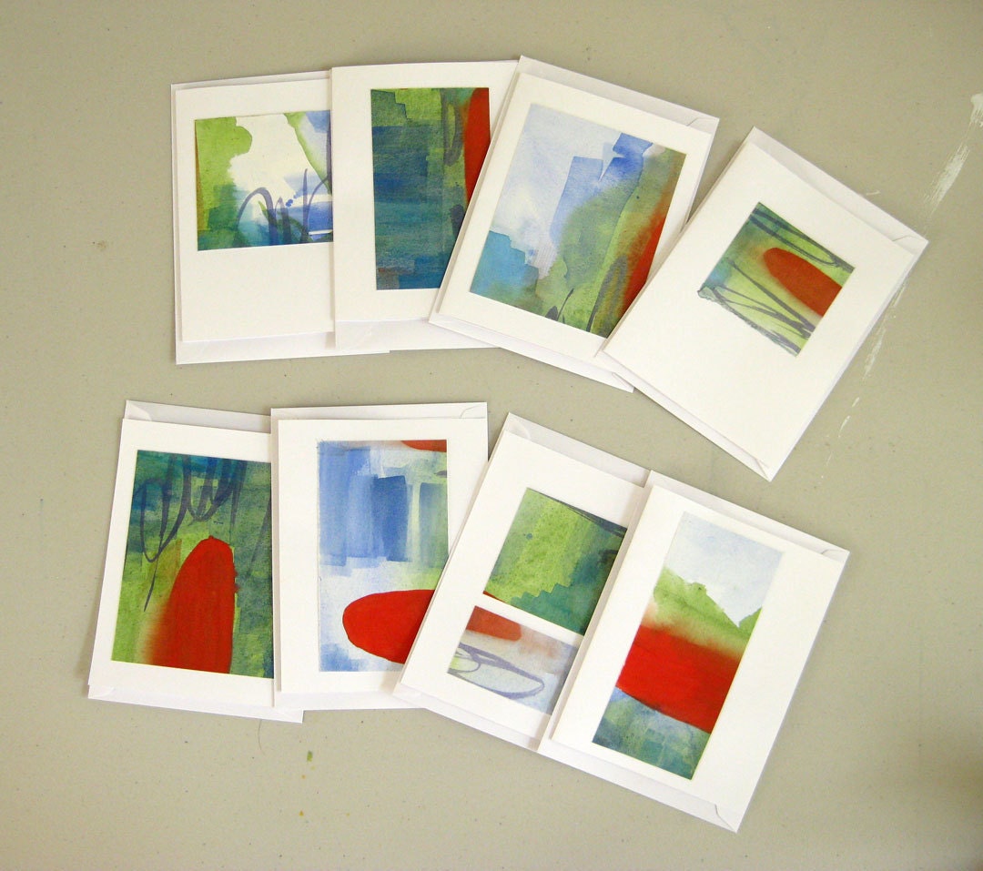 Blank Note Card with handmade abstract watercolor painting- Red Blue and Green colors