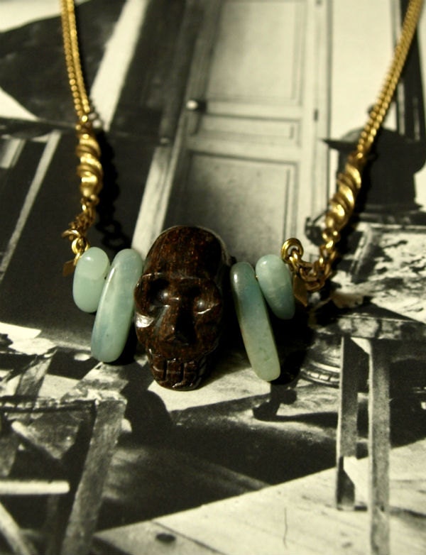 Bronzite carved skull with amazonite spear necklace