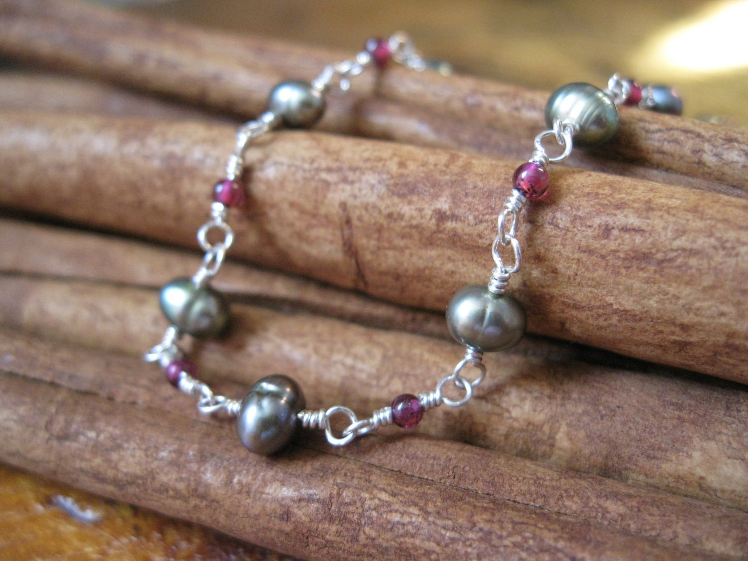 Sage Pearl & Garnet Silver Necklace