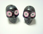 Pink Flower Eyes in Black Day of The Dead Skull Beads
