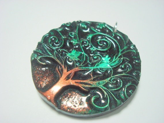 Twirly Green Tree of Life Handmade Polymer Clay Pendant