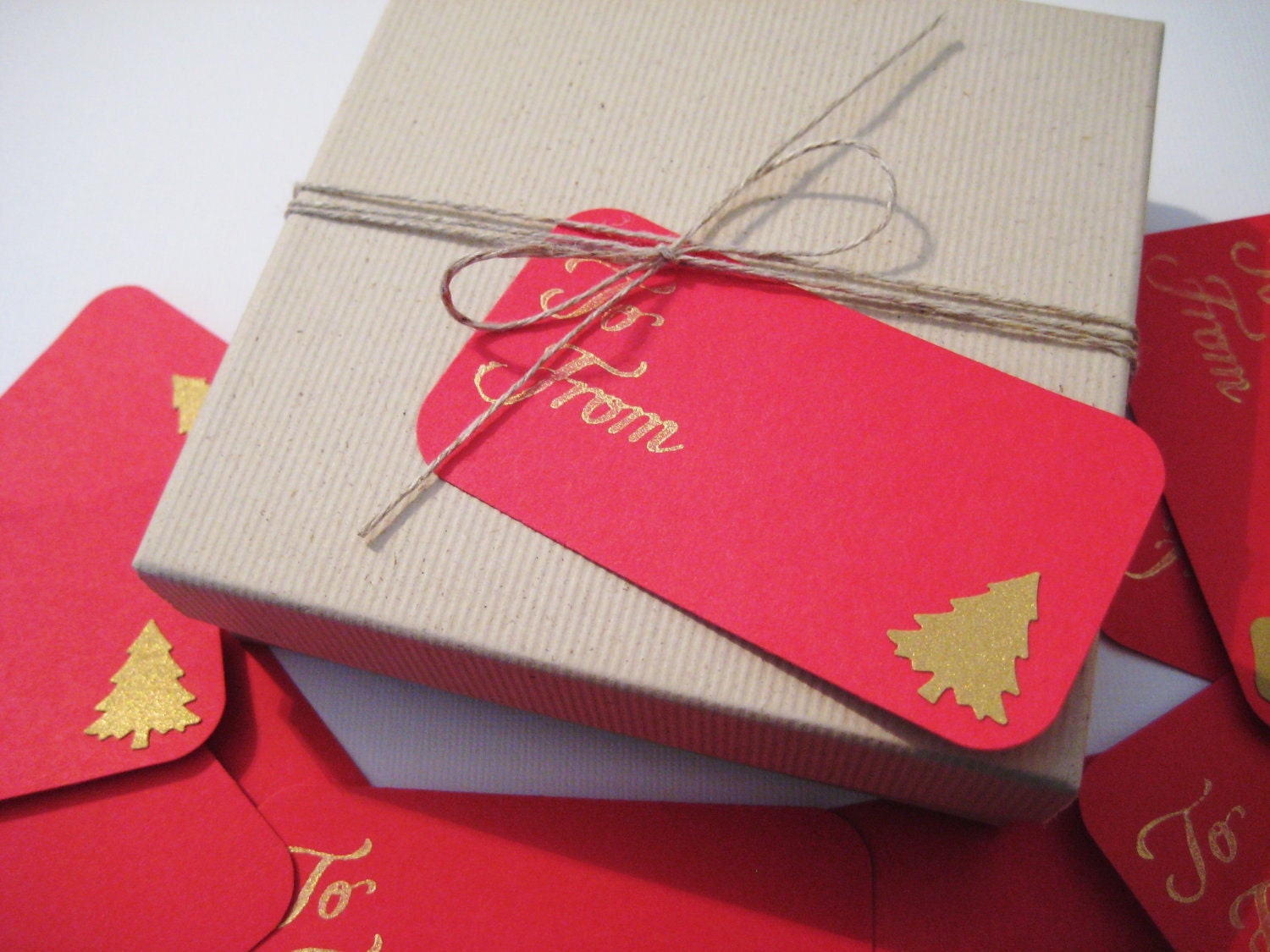 Red and gold gift tags, Christmas trees and stockings, adhesive set of 10