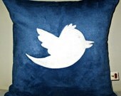 Free US shipping Unique Designer 16x16 Faux Suede Light and Dark Blue Pillow Cover with  Twitter Bird Icon  Applique