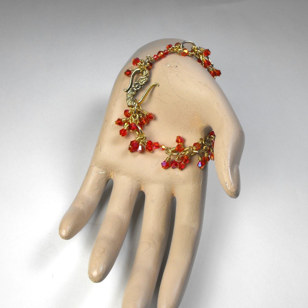 Tango Bracelet - Warm Red Crystal and Gold Bracelet.  Recycled. Eco Friendly. Holiday Sparkle. Tangerine Tango.