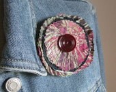 BROOCH/HAIR CLIP recycled blue denim burgundy olive green batik pin by Lynn Minney Designs