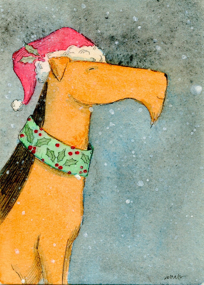 Original ACEO Painting -- Airedale Christmas