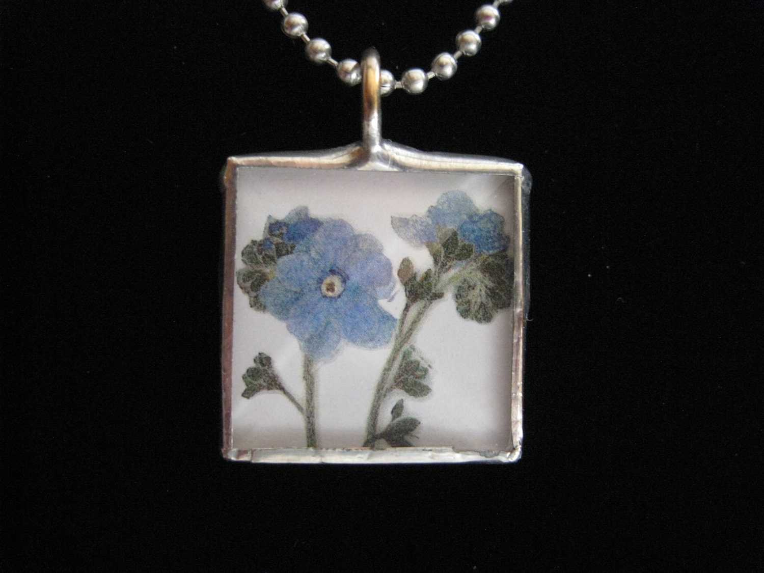 Silver Solder and Beveled Glass Forget Me Not Pendant
