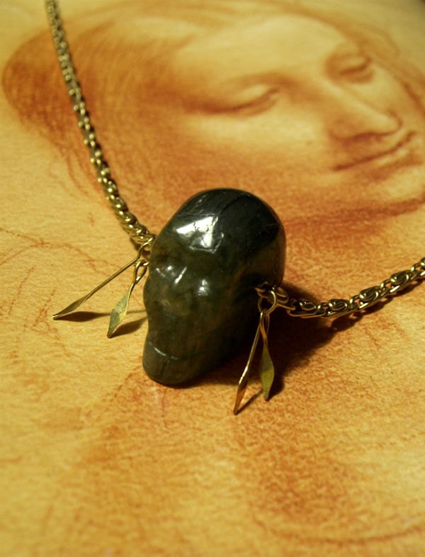 Labradorite carved skull on a vintage gold chain with gold spear accent necklace