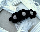 Winter Vintage Black Velvet Flower and Rhinestone Bridal & Special Occasion Haircomb