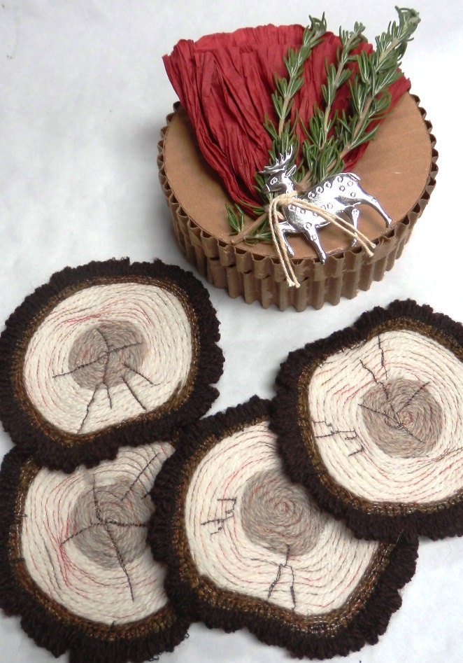 Slice of Log Woodsy Wool Embroidery Coaster Set