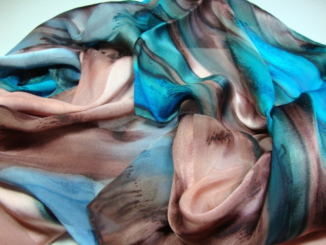 Marine Blue Peach Teal Handpainted Silk Scarf