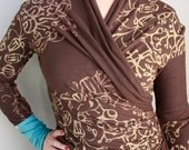 Cocoon Wrap Cardigan size SMALL in brown print with contrasting sky blue cuffs in soy and bamboo jersey