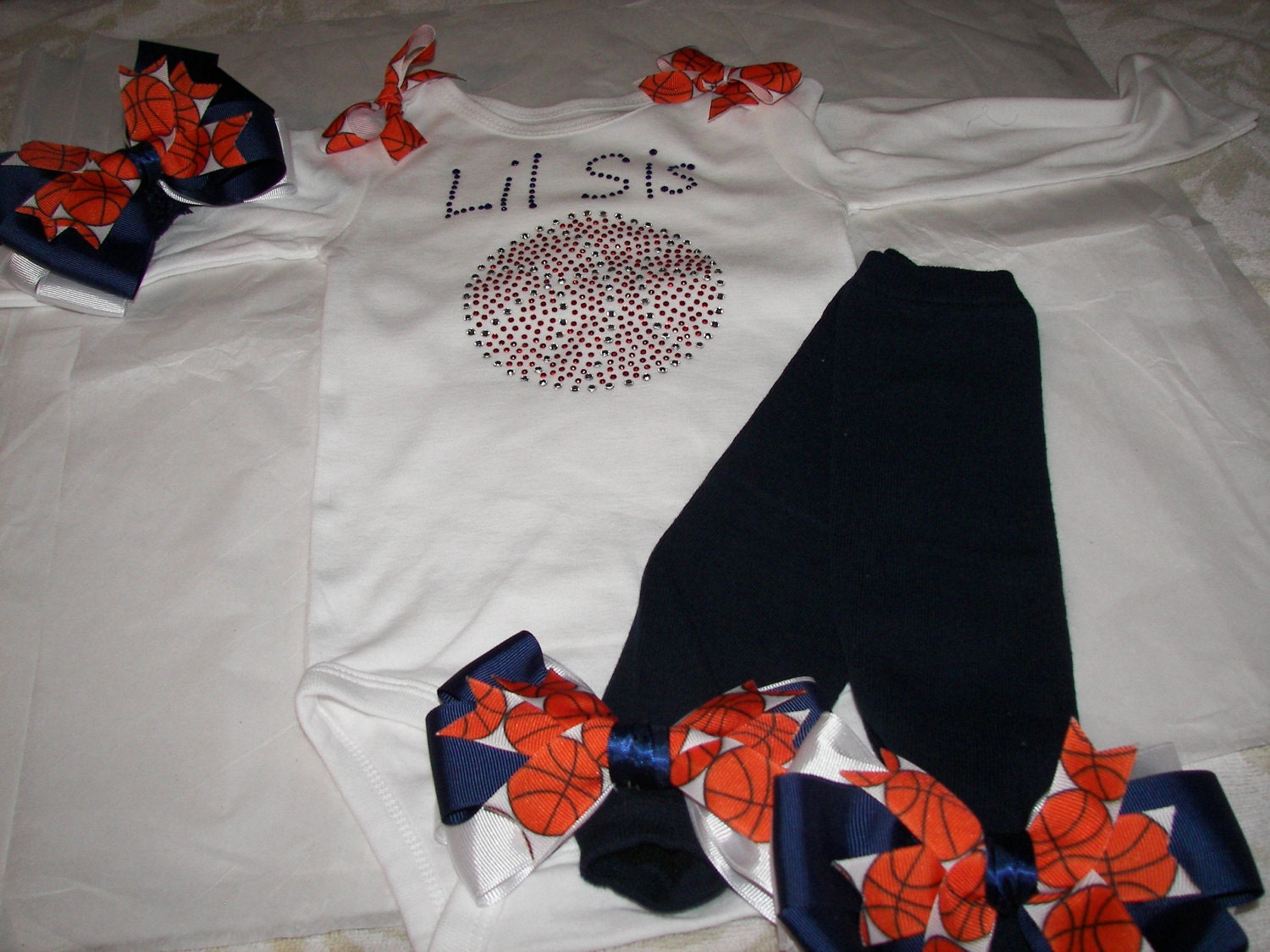 Lil Sis Basketball Bling Shirt, Bow, and Legwarmers Set--Adorable--Customized with our team name and colors