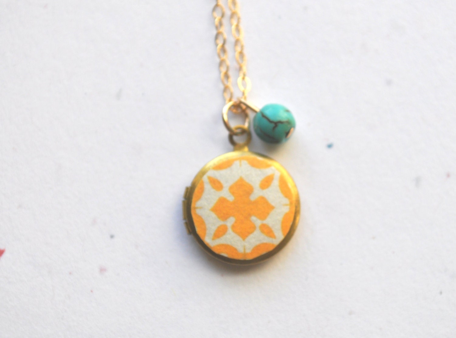 Sunshine Locket Necklace - round locket, yellow, turquoise, & gold - simple modern jewelry - adencreations