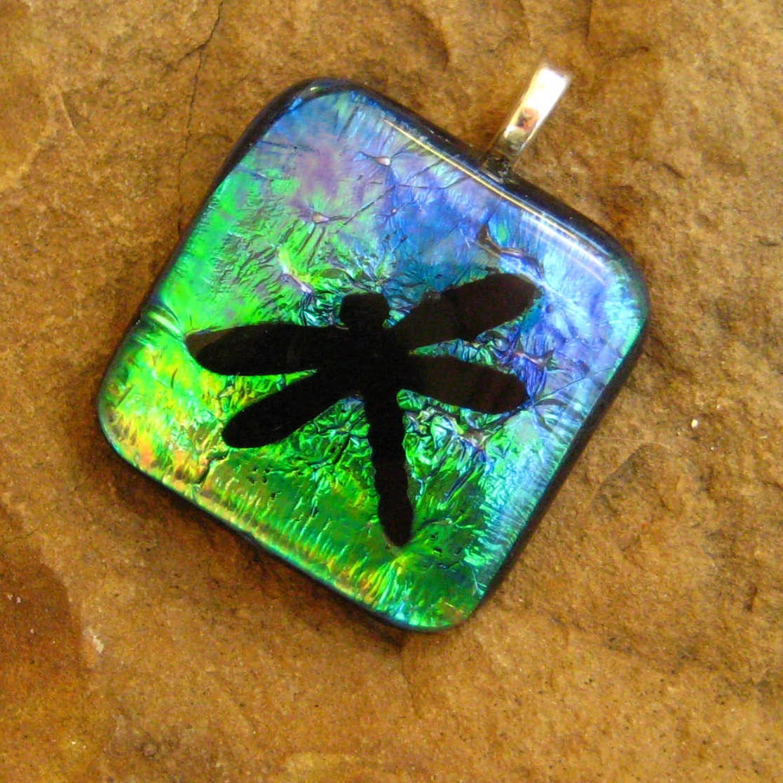 Fused Glass Dragonfly Pendant, Hand Etched Dragonfly  Dichroic Glass Pendant