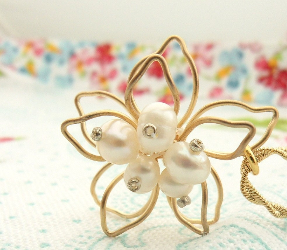 Golden Necklace with Layered Wire Flower Pendant and Fresh Water Pearls - Perfect for Brides and Bridesmaids