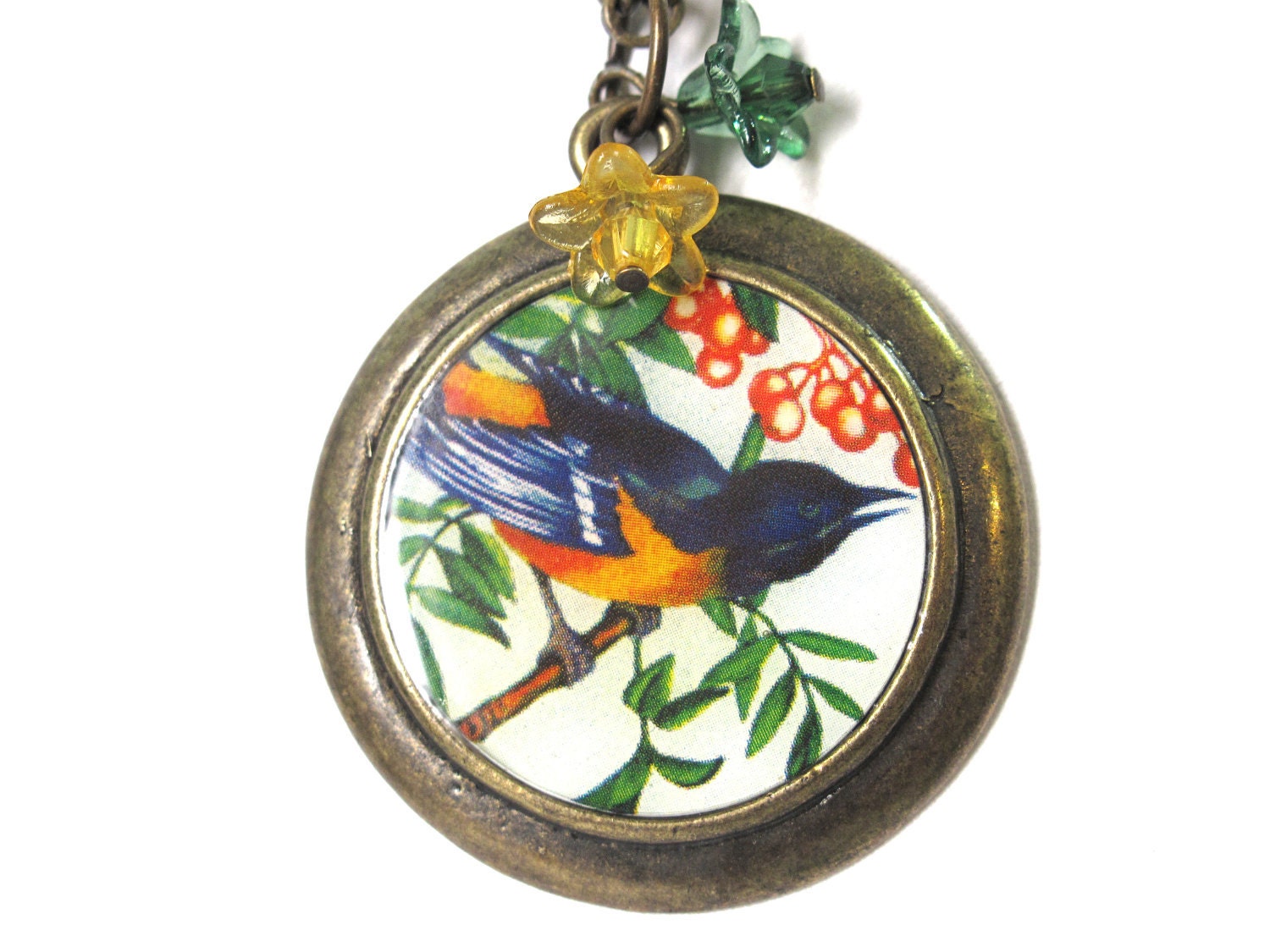 Antique Brass Necklace with Bird Pendant & resin flowers