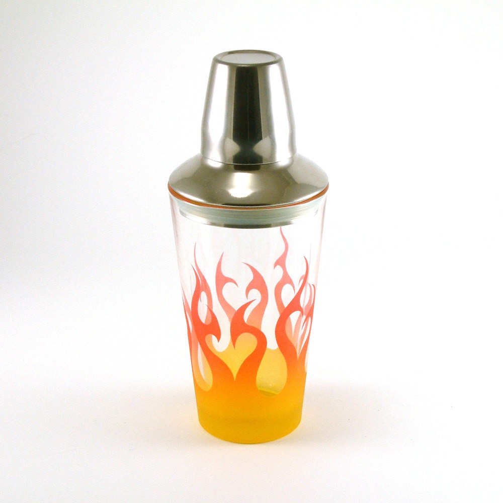 Cocktail Shaker - Tribal Flames - Red and Yellow - Custom Painted and Etched Glass