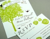 Celadon Green Tree Wedding Invitation with Birds, custom colors and words for your modern wedding