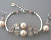 Peach Bead Sterling Bangle Bracelet Jewelry Set