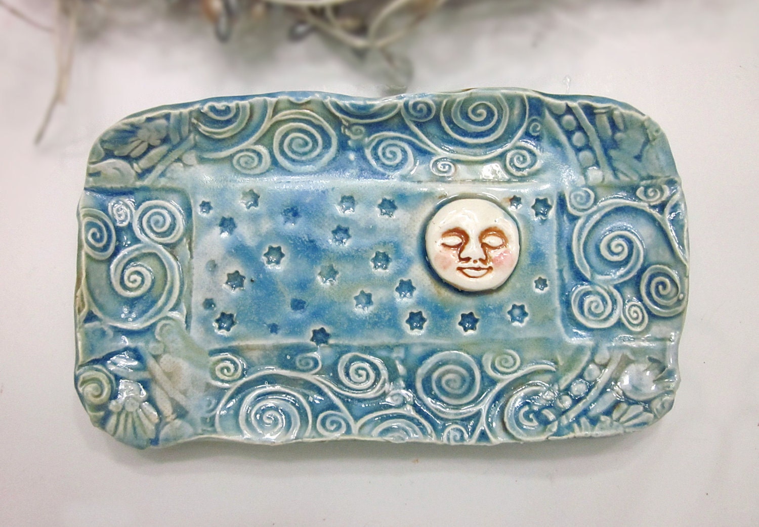 Moon Butter Dish Soap Dish Ceramic Sponge Holder Blue Handmade Pottery w feet