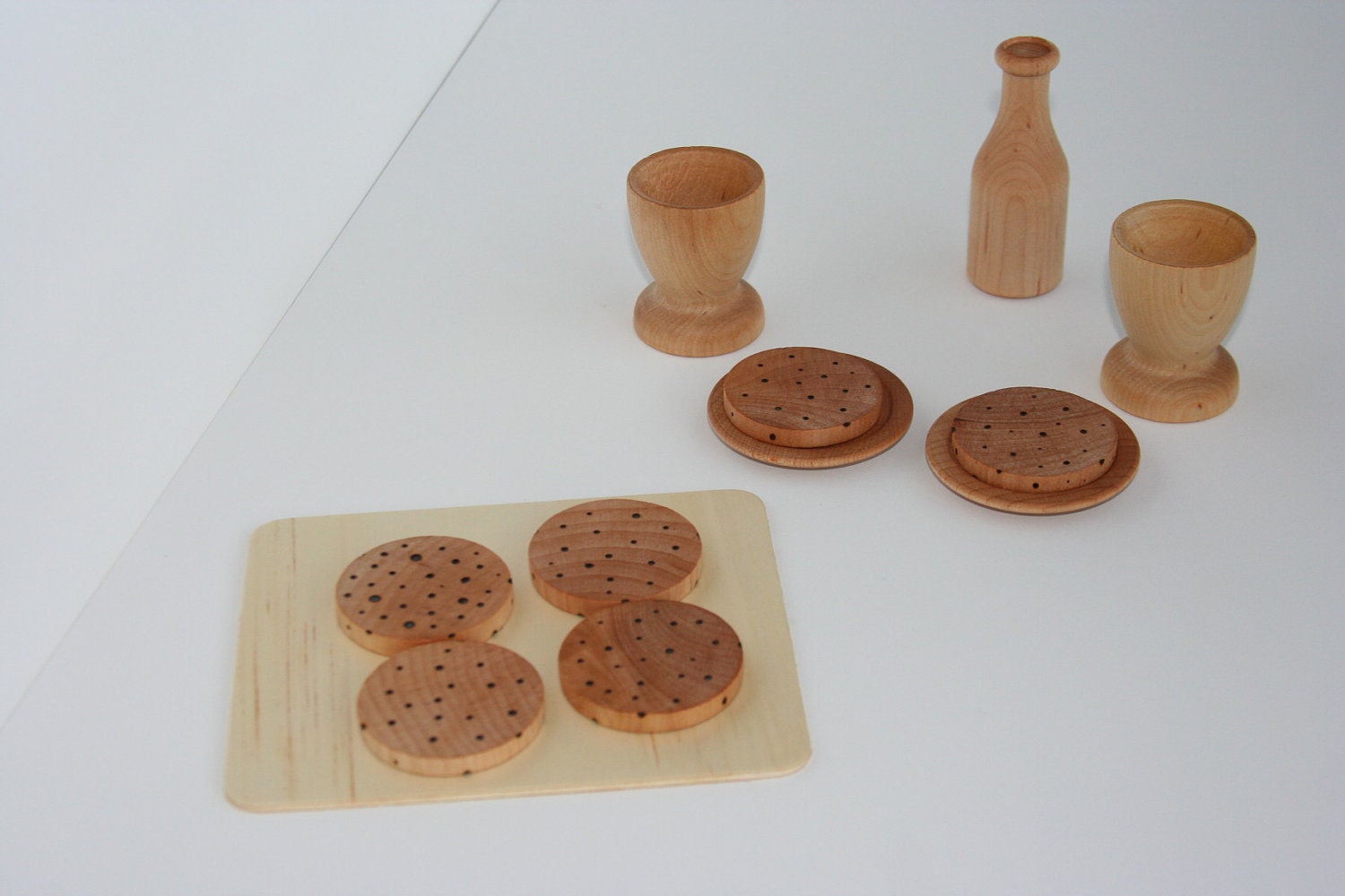 wooden toy cookies and milk for tea time play set
