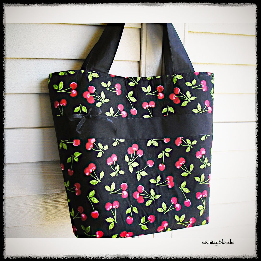Knitting Tote Bag Retro Cherries Print Black and Red, Perfect Handbag Knitting Tote Combo by KnitzyBlonde