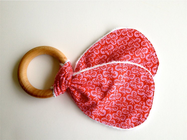 Baby or Toddler Teething Ring - Wood - Soft Minky Tail - Crimson & Clover - Great Valentine's Day Gift