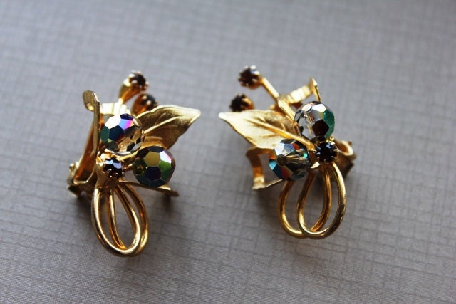 Signed HOBE' Gold, Aurora Crystal, and Topaz Rhinestone Floral Design Vintage Earrings Pin Up Rockabilly Hollywood Glamour