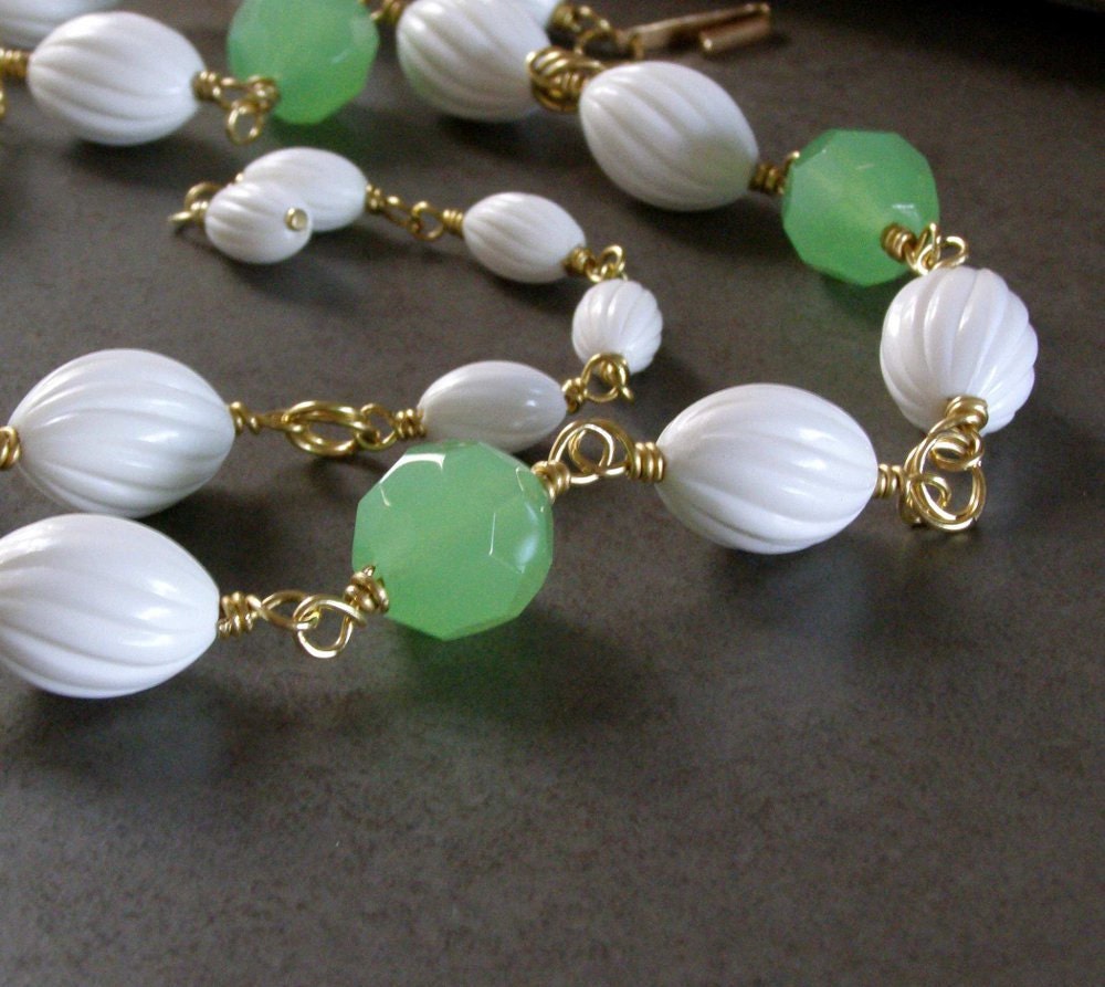 Long Necklace with White Vintage Lucite beads and Brass
