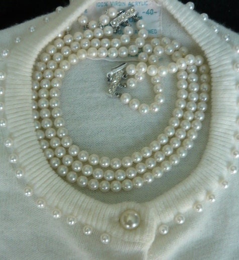 Ms Elegant This Is For You.... New Years Party  MAD MEN Style ...1950s Winter White Handsewn Beaded Cardigan ...