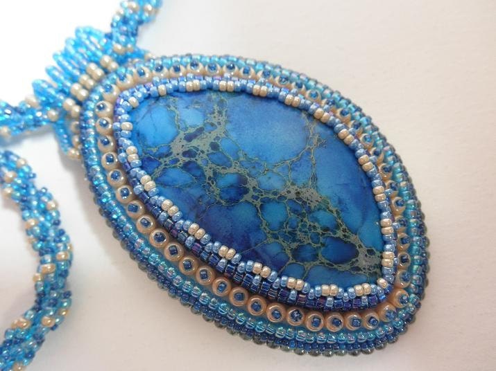 Blue sediment jasper bead embroidered necklace by Galeandra