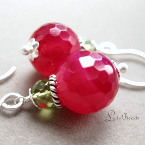 Duets - Peridot and hot pink Chalcedony gemstone earrings on sterling silver