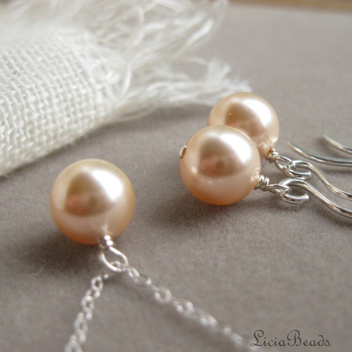 Bride in Pearls - necklace and earring set in peach, custom colors available