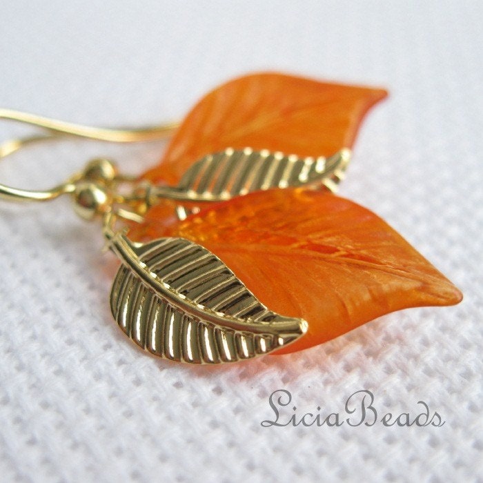 Fire Glow - orange and gold leaf earrings