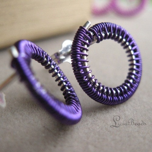 Purple Circles (small) - wirewrapped sterling silver circle earrings