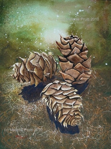 Original WATERCOLOR 12x16 painting Enchanted Magical Pinecone Forest by M Pruitt