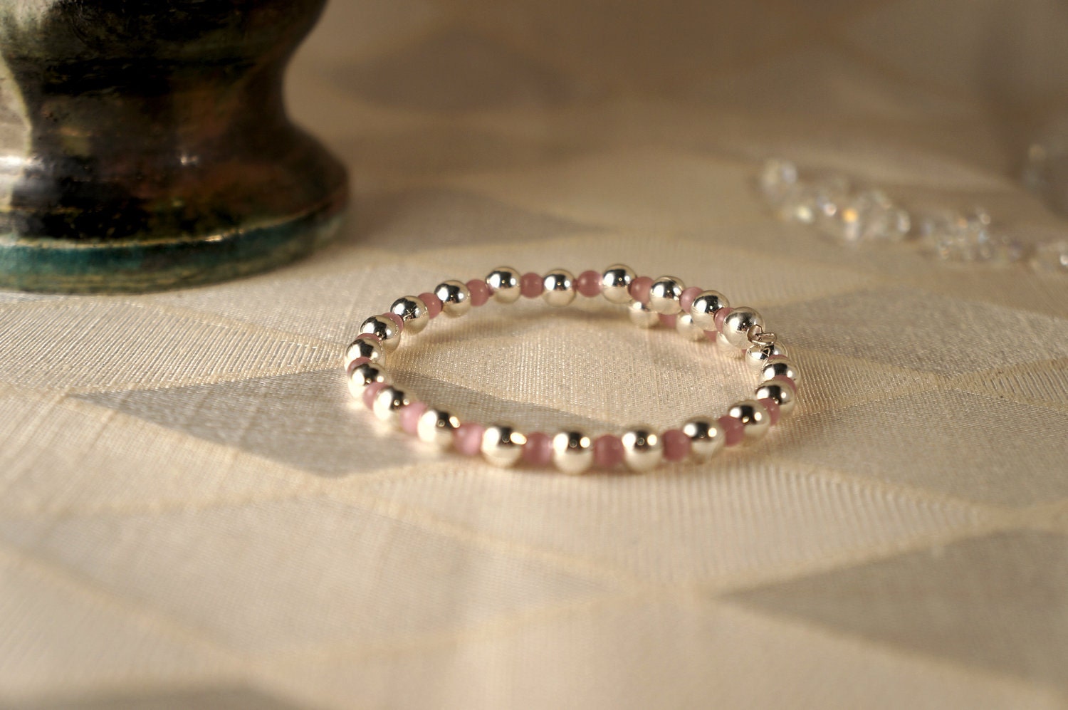 Silver and Pink Beaded Bracelet