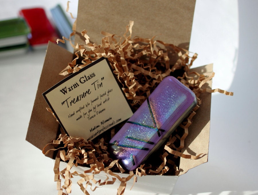 Fused Glass Slide Top Treasure Tin Purple Chopstix - Large
