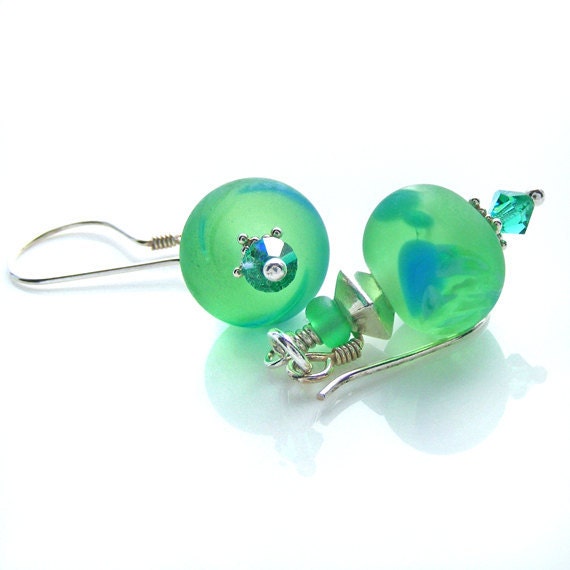 Green Earrings. Lampwork Glass. Sterling Silver. Handmade Pale Green & Blue Earrings for Pierced Ears