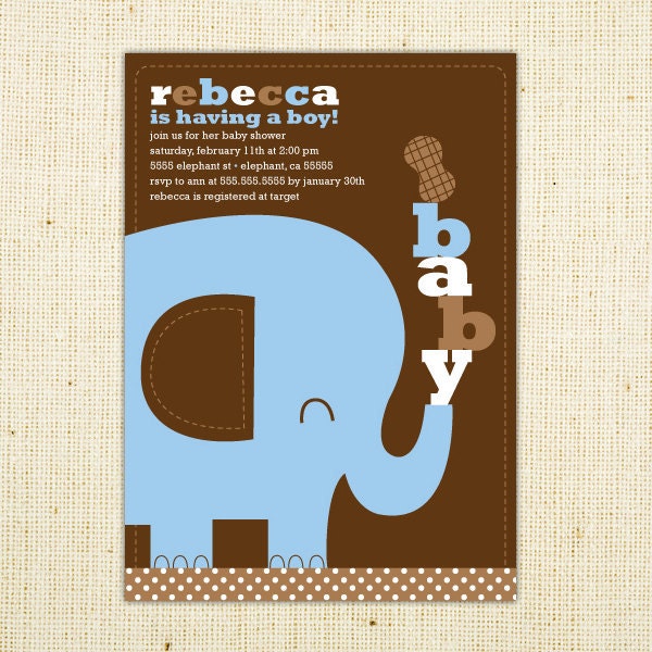 Plush Elephant Blue and Brown Baby Shower Printable Invitation party 5x7 invitation Il_170x135