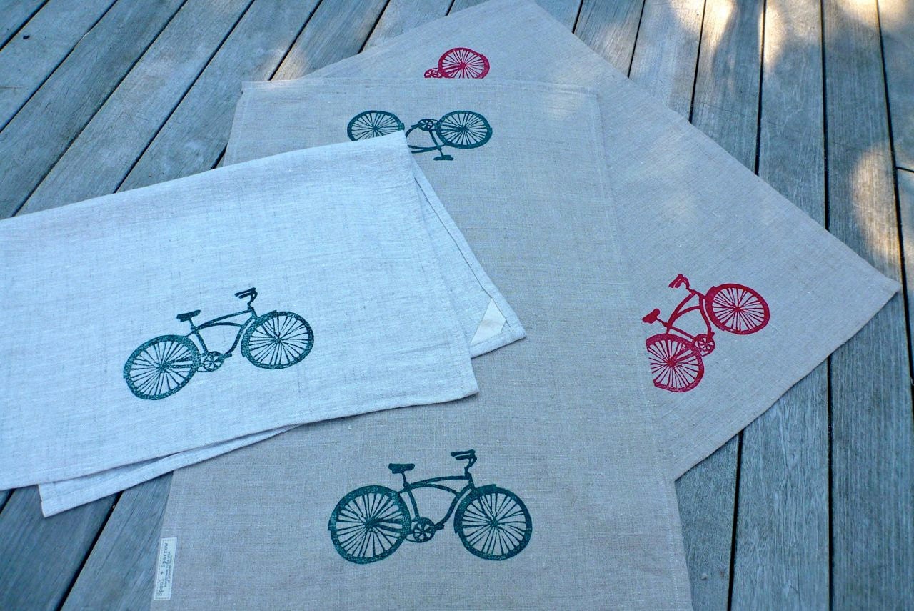 towel linen bicycle green block print dish cloth