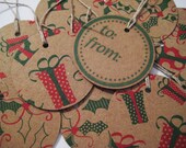 Holly leaves and Christmas presents, kraft gift tags set of 10