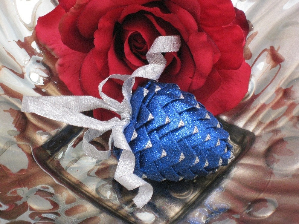 unique Christmas ornament blue handmade ribbon heart