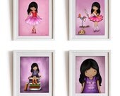 Dark skin girls wall art prints set , African american children room decor paintings , nursery art prints, ballerina, books