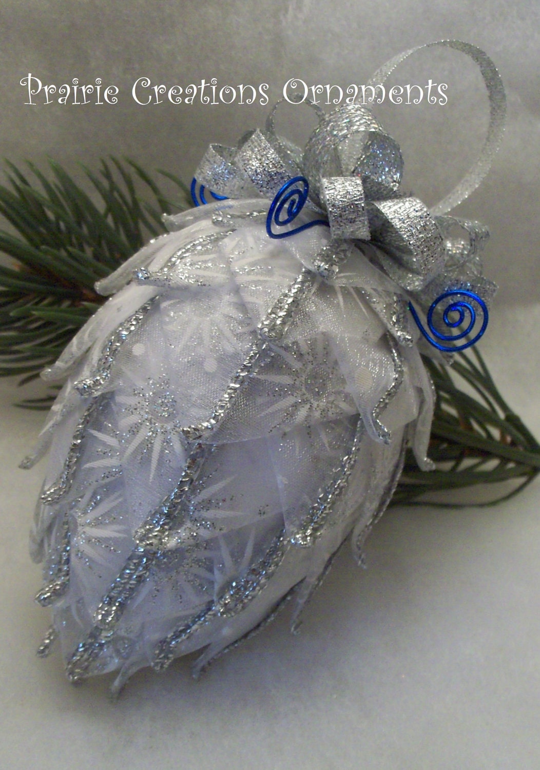 Quilted Ornament Pinecone Frosty Silver and White Ribbon Blue Wire Christmas Decor